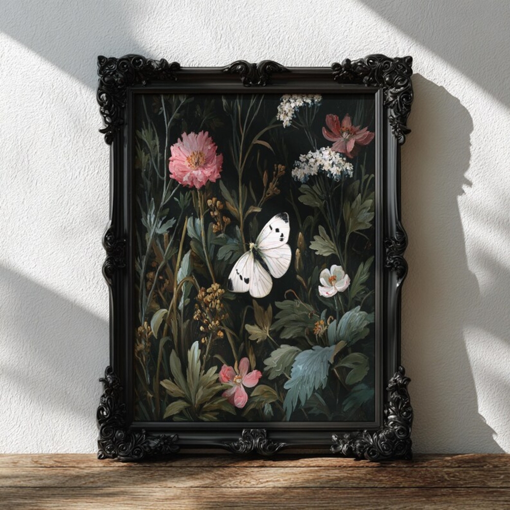 White Butterfly Floral Painting Wall Art Print, Dark Gothic Wall Art, Dark Botan